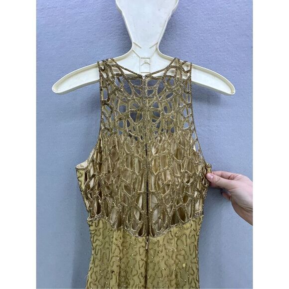 Vintage Y2K 90s Scala Gold Beaded Silk Slip Maxi Dress Gown Size S - Picture 4 of 12